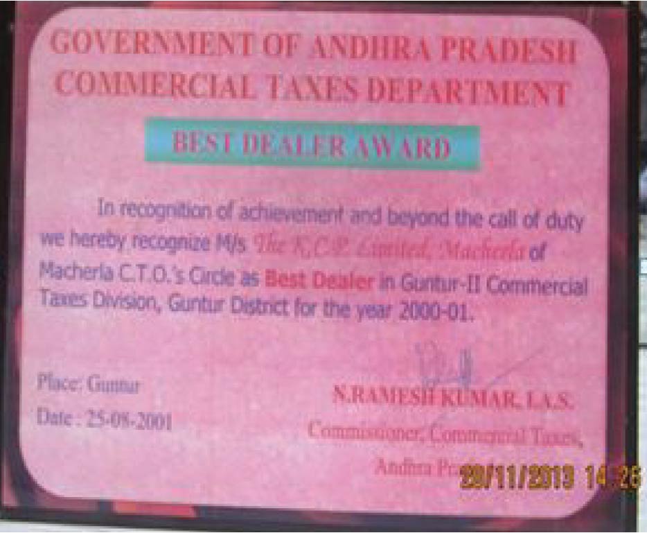 Best Dealer Award from Government of Andhra Pradesh, Commercial Taxes Department in Guntur-II Commercial Taxes Division